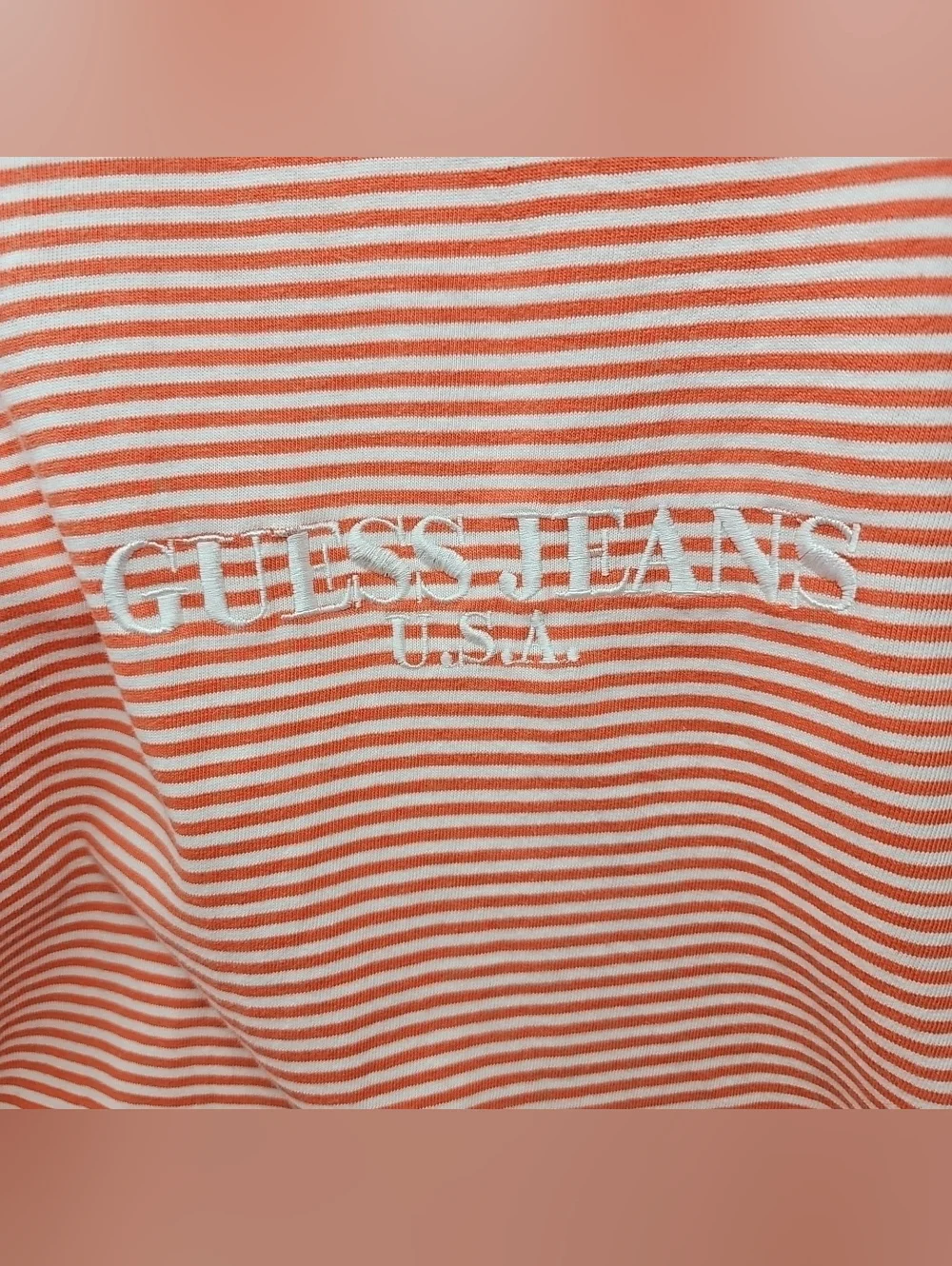 Vintage Guess Striped Tee in Coral and White with Embroidered Logo - Picture 2 of 7